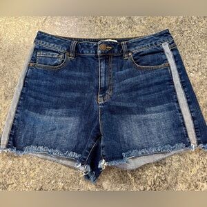 CAbi Dark Blue Jean Shorts with Frayed Hem